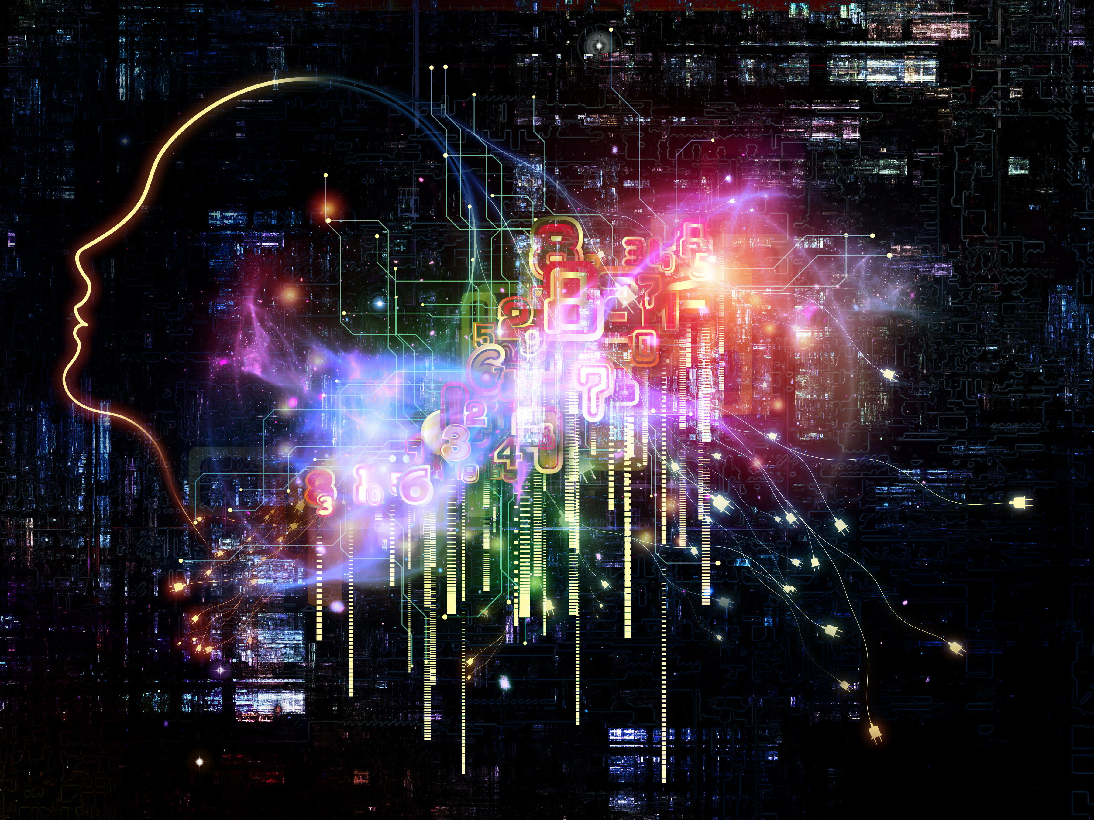 Collage aus Zahlen, Daten, Netz, schwarzer Hintergrund mit leuchtenden Farben
